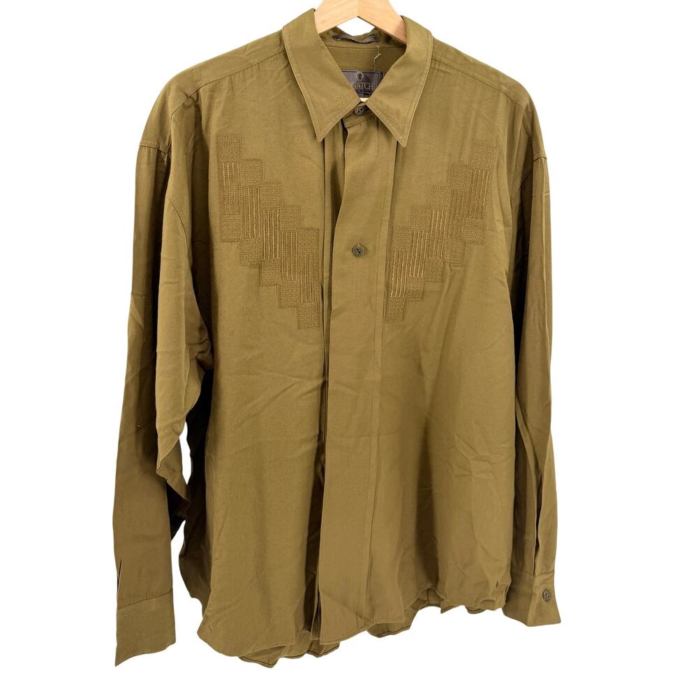Vintage 90s Bugatchi Uomo Olive Green Embroidered Shirt